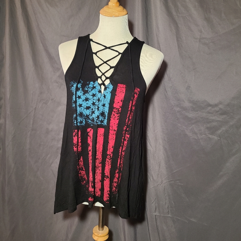Black Sleeveless Top with Red and Blue Flag Design